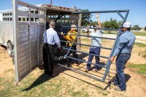 HSU Faculty and Staff at the horse barn unloading equipment